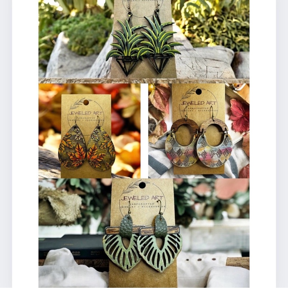 Jeweled Art Hand-Painted Love in the Air Balloon Earrings Wood Engraved - Picture 10 of 10